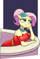 Size: 307x453 | Tagged: safe, artist:whitequartztheartist, derpibooru import, fluttershy, anthro, balcony, bored, clothes, dress, female, flower, flower in hair, hand on chin, image, jewelry, necklace, png, red dress, solo, the princess and the frog