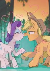 Size: 1750x2500 | Tagged: safe, artist:baigak, derpibooru import, applejack, rarity, earth pony, pony, unicorn, boop, cowboy hat, cute, female, forest, hat, heart, holding hooves, image, jpeg, lesbian, looking at each other, looking at someone, mare, noseboop, open mouth, open smile, rarijack, shipping, smiling, smiling at each other, stetson, sunset, tree, unshorn fetlocks