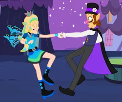Size: 1172x978 | Tagged: safe, artist:csillaghullo, artist:katnekobase, artist:user15432, derpibooru import, fairy, human, undead, vampire, equestria girls, barely eqg related, base used, blue dress, blue wings, boots, cape, clothes, costume, crossover, crown, cute, cute little fangs, dancing, dress, ear piercing, earring, equestria girls style, equestria girls-ified, fairy wings, fairyized, fangs, gloves, halloween, halloween costume, hallowinx, high heel boots, high heels, holiday, image, jewelry, looking at each other, looking at someone, mario kart, mario kart tour, nightmare night, piercing, png, princess rosalina, regalia, rosalina, shoes, sparkly wings, super mario bros., vampire costume, waluigi, waluigi's hat, wings, winx, winx club, winxified