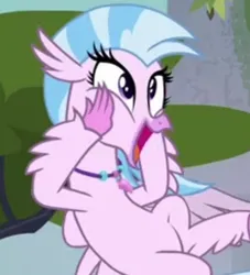 Size: 552x609 | Tagged: safe, derpibooru import, screencap, silverstream, classical hippogriff, hippogriff, school daze, cropped, cute, diastreamies, excited, image, jewelry, necklace, open mouth, png, solo, squishy cheeks