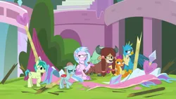Size: 1279x719 | Tagged: safe, derpibooru import, screencap, gallus, ocellus, sandbar, silverstream, smolder, yona, changedling, changeling, classical hippogriff, dragon, earth pony, gryphon, hippogriff, pony, yak, school daze, season 8, spoiler:s08, cloven hooves, colored hooves, image, jewelry, necklace, png, raised eyebrow, student six