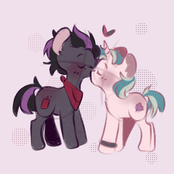 Size: 1000x1000 | Tagged: safe, artist:yun_nhee, derpibooru import, oc, oc:jewel, oc:tuned strings, earth pony, pony, unicorn, female, image, kissing, male, mare, png, shipping, stallion, straight