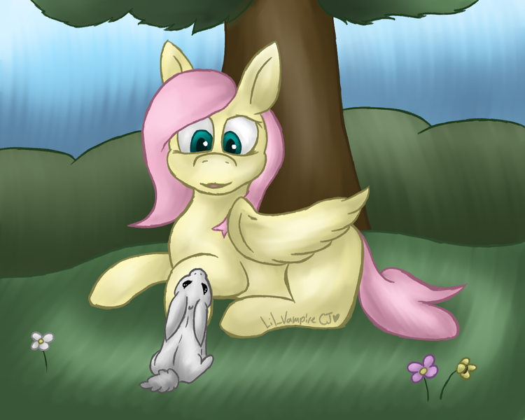 Size: 1280x1024 | Tagged: safe, artist:lil_vampirecj, derpibooru import, angel bunny, fluttershy, pegasus, pony, rabbit, angel, animal, flower, grass, grass field, image, lying down, mountain, png, scene, tree