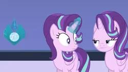 Size: 1436x810 | Tagged: safe, artist:forgalorga, derpibooru import, screencap, starlight glimmer, alicorn, pony, alicornified, are you fucking kidding me, crystal, duality, glow, glowing horn, horn, image, levitation, looking at each other, looking at someone, magic, meme face, new pony worlds, png, race swap, self paradox, self ponidox, seriously, starlicorn, starlight glimmer is not amused, telekinesis, unamused, unity crystals, xk-class end-of-the-world scenario, youtube link