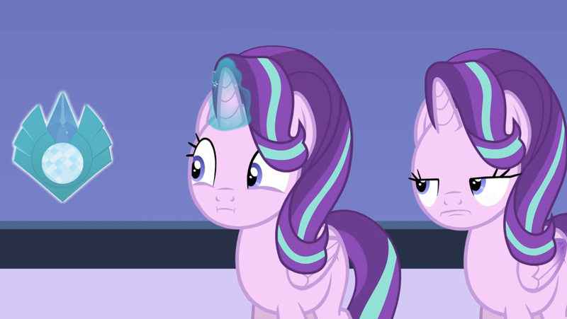 Size: 1432x808 | Tagged: safe, artist:forgalorga, derpibooru import, starlight glimmer, alicorn, pony, :i, alicornified, are you fucking kidding me, crystal, duality, glow, glowing horn, horn, image, levitation, magic, meme face, png, race swap, self paradox, self ponidox, starlicorn, telekinesis, xk-class end-of-the-world scenario