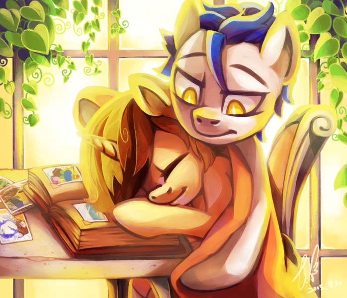 Size: 1024x880 | Tagged: safe, artist:erica693992, derpibooru import, oc, unofficial characters only, earth pony, pony, unicorn, earth pony oc, female, horn, image, male, oc x oc, png, shipping, sleeping, unicorn oc