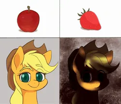 Size: 2337x2001 | Tagged: safe, artist:noupu, derpibooru import, applejack, earth pony, pony, apple, applejack's hat, bust, cowboy hat, eye clipping through hair, eyebrows, eyebrows visible through hair, female, food, hat, image, jpeg, mare, meme, mr. incredible becoming uncanny, ponified meme, portrait, strawberry