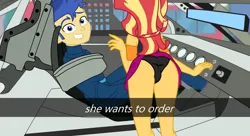 Size: 2900x1577 | Tagged: suggestive, artist:gmaplay, derpibooru import, flash sentry, sunset shimmer, equestria girls, ass, ass up, black underwear, bunset shimmer, butt, car, car interior, clothes, grin, he wants to order, image, meme, nascar, panties, png, presenting, selfie, smiling, solo, underwear