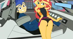 Size: 2900x1577 | Tagged: suggestive, alternate version, artist:gmaplay, derpibooru import, flash sentry, sunset shimmer, equestria girls, ass, ass up, black underwear, bunset shimmer, butt, car, car interior, clothes, grin, he wants to order, image, looking back, meme, nascar, panties, png, presenting, selfie, smiling, solo, underwear