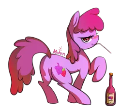 Size: 1209x1103 | Tagged: suggestive, alternate version, artist:maren, derpibooru import, berry punch, berryshine, earth pony, pony, bedroom eyes, berry butt, blushing, bottle, butt, female, image, mare, mouth hold, plot, png, simple background, solo, straw, transparent background