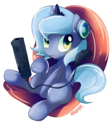 Size: 911x1025 | Tagged: safe, alternate version, artist:maren, derpibooru import, princess luna, alicorn, pony, gamer luna, controller, female, filly, foal, image, magic, png, simple background, sitting, solo, white background, wii remote, wiimote, woona, younger