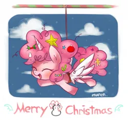 Size: 1269x1196 | Tagged: safe, alternate version, artist:maren, derpibooru import, pinkie pie, alicorn, alicorn party, alicornified, christmas, cute, diapinkes, fake wings, female, flying, holiday, image, merry christmas, partycorn, pinkiecorn, png, race swap, solo, wings, xk-class end-of-the-world scenario