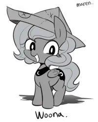 Size: 1400x1751 | Tagged: safe, alternate version, artist:maren, derpibooru import, princess luna, pony, moonstuck, cartographer's cap, cute, female, filly, foal, grayscale, grin, hat, image, looking at you, monochrome, png, simple background, smiling, solo, white background, woona, younger