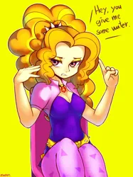 Size: 2200x2936 | Tagged: safe, alternate version, artist:maren, derpibooru import, adagio dazzle, equestria girls, rainbow rocks, adoragio, breasts, cleavage, clothes, cute, dialogue, female, gem, high res, image, jewelry, leggings, looking at you, necklace, orange hair, pendant, pink eyes, png, simple background, siren gem, solo, spiked headband, talking to viewer, yellow background