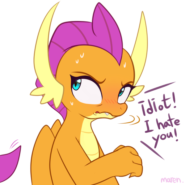 Size: 2400x2343 | Tagged: safe, alternate version, artist:maren, derpibooru import, smolder, dragon, baka, blatant lies, cute, dialogue, dragoness, female, image, png, simple background, smolderbetes, smoldere, solo, tsundere, white background