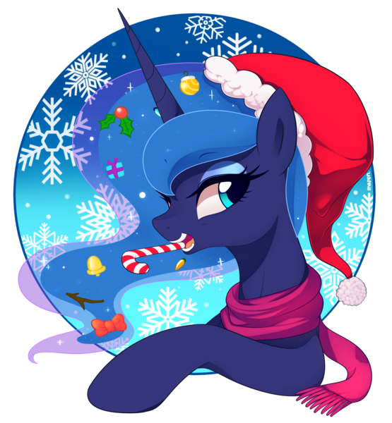 Size: 4100x4429 | Tagged: safe, artist:maren, derpibooru import, princess luna, alicorn, pony, absurd resolution, bell, bow, bust, candy, candy cane, christmas, clothes, commission, cute, female, food, hair bow, hat, holiday, holly, image, looking at you, mare, mouth hold, png, pretty, santa hat, scarf, simple background, snow, snowflake, solo, transparent background