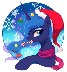 Size: 4100x4429 | Tagged: safe, artist:maren, derpibooru import, princess luna, alicorn, pony, absurd resolution, bell, bow, bust, candy, candy cane, christmas, clothes, commission, cute, female, food, hair bow, hat, holiday, holly, image, looking at you, mare, mouth hold, png, pretty, santa hat, scarf, simple background, snow, snowflake, solo, transparent background