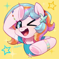 Size: 2048x2037 | Tagged: safe, artist:maren, derpibooru import, oc, oc:oofy colorful, unofficial characters only, pony, unicorn, bust, clothes, female, heart, heart hoof, high res, horn, image, jpeg, needy girl overdose, one eye closed, open mouth, simple background, solo, unicorn oc