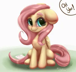 Size: 1000x952 | Tagged: safe, artist:inkypuso, derpibooru import, fluttershy, pegasus, pony, aside glance, female, floppy ears, folded wings, freckles, freckleshy, image, jpeg, looking at you, mare, oh you, paper, sideways glance, sitting, smiling, smiling at you, solo, three quarter view, wings