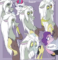 Size: 1958x2048 | Tagged: safe, artist:deepfantasy6, derpibooru import, discord, pipp petals, zipp storm, pegasus, pony, my little pony: a new generation, spoiler:g5comic, antlers, broken horn, dialogue, female, g5, horn, image, jpeg, male, mare, old man discord, phone, purple background, simple background, sketch