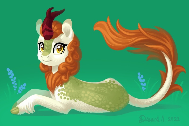 Size: 1062x708 | Tagged: safe, artist:dany-the-hell-fox, derpibooru import, autumn blaze, kirin, flower, foal's breath, green background, image, jpeg, lying down, simple background, solo