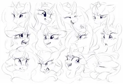 Size: 1503x1024 | Tagged: safe, artist:melodylibris, derpibooru import, princess luna, pony, black and white, bust, crying, eyes closed, female, frown, grayscale, gritted teeth, image, jpeg, licking, licking lips, mare, monochrome, open mouth, open smile, sad, simple background, sketch, sketch dump, smiling, snarling, surprised, teeth, tongue out, white background