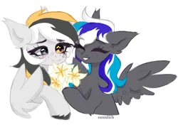 Size: 2210x1556 | Tagged: safe, artist:sunnlich, derpibooru import, oc, oc:flaming dune, oc:storm cloud river's, unofficial characters only, pegasus, pony, blushing, bouquet, bouquet of flowers, bust, cute, duo, duo female, ear fluff, eyes closed, female, flower, freckles, happy, heterochromia, image, looking at each other, looking at someone, mare, multicolored mane, oc x oc, pegasus oc, png, shipping, simple background, smiling, smiling at each other, spread wings, white background, wings