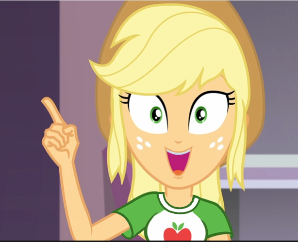 Size: 614x499 | Tagged: safe, derpibooru import, edit, edited screencap, screencap, applejack, human, diy with applejack, equestria girls, equestria girls series, spoiler:eqg series (season 2), applejack's hat, clothes, collar, cowboy hat, finger, happy, hat, image, png, pointing, shirt, t-shirt