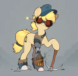 Size: 1092x1073 | Tagged: safe, artist:rexyseven, derpibooru import, oc, oc:drillie stones, unofficial characters only, earth pony, pony, amputee, boots, cap, clothes, converse, female, goggles, hat, image, looking at you, mare, pickaxe, png, prosthetic limb, prosthetics, shoes, smiling, solo