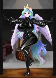 Size: 2301x3200 | Tagged: suggestive, artist:transfaled, derpibooru import, princess celestia, alicorn, anthro, bdsm, big breasts, bodysuit, boots, breasts, clothes, collar, corset, erect nipples, full body, gloves, high heel boots, high heels, image, latex, lips, nipple outline, outstretched arms, png, shoes, solo, spread wings, thighs, thunder thighs, wide hips, wings