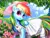 Size: 512x384 | Tagged: safe, derpibooru import, edit, editor:diego96, machine learning generated, stable diffusion, rainbow dash, pegasus, pony, artificial intelligence, cute, dashabetes, female, flower, hat, image, jpeg, looking at you, mare, scenery, solo, wings