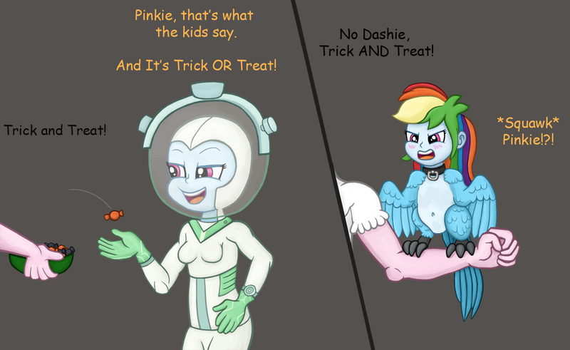 Size: 1280x785 | Tagged: safe, anonymous editor, artist:smudge proof, derpibooru import, edit, pinkie pie, rainbow dash, bird, harpy, human, monster pony, original species, equestria girls, abomination, astrodash, blushing, body modification, candy, clothes, collar, colored, costume, female, food, halloween, halloween costume, holiday, image, not salmon, nudity, png, sfw edit, shrinking, slave collar, slave stream, speech change, transformation, wat, weird, what the hell smudge proof, wings