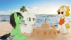 Size: 3840x2160 | Tagged: artist needed, safe, paywalled source, oc, oc:anonfilly, oc:aryanne, oc:dyx, alicorn, earth pony, pony, art pack:foaling around, 2d, 3d, 3d mixed with drawing, alicorn oc, beach, bikini, bikini bottom, bipedal, blank flank, clothes, equestrian flag, female, filly, horn, image, one-piece swimsuit, photo, png, sandcastle, seashell, sitting, swimsuit, umbrella, wings