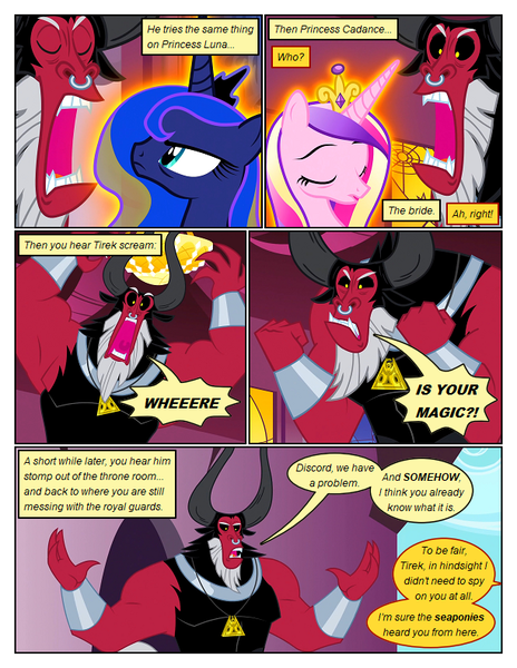 Size: 612x792 | Tagged: safe, artist:newbiespud, derpibooru import, edit, edited screencap, screencap, lord tirek, princess cadance, princess luna, alicorn, centaur, pony, taur, comic:friendship is dragons, angry, comic, dialogue, eyes closed, female, image, mare, nose piercing, nose ring, piercing, png, screencap comic