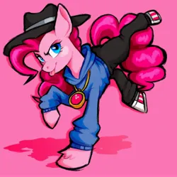 Size: 3299x3280 | Tagged: safe, artist:barbiemcmann2, derpibooru import, pinkie pie, earth pony, pony, clothes, hat, hoodie, image, jpeg, looking at you, mc pinkie, pants, raspberry, smiling, solo, tongue out