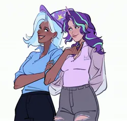 Size: 3183x3029 | Tagged: safe, artist:peachmichea, derpibooru import, starlight glimmer, trixie, human, blackwashing, female, horn, horned humanization, humanized, image, jpeg, lesbian, open mouth, open smile, shipping, smiling, startrix