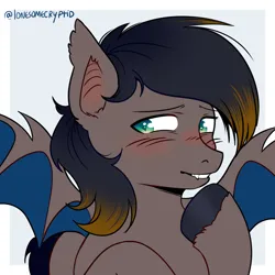 Size: 1400x1400 | Tagged: safe, artist:lonesomecryptid, derpibooru import, oc, bat pony, pony, bat pony oc, bat wings, bust, fangs, image, png, portrait, simple background, solo, wings