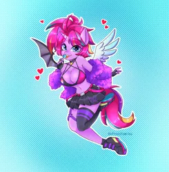 Size: 2337x2380 | Tagged: safe, artist:xfrncstomiku, derpibooru import, oc, oc:techy twinkle, alicorn, anthro, unicorn, angelic wings, bat wings, belly button, big breasts, breasts, cleavage, clothes, fingerless gloves, gloves, heart, heart eyes, horn, image, jpeg, midriff, shoes, skirt, socks, wingding eyes, wings