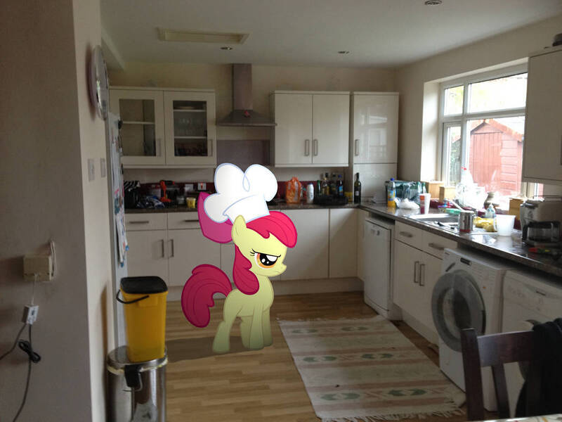 Size: 1032x774 | Tagged: safe, artist:pangbot, artist:shelltoon, derpibooru import, apple bloom, earth pony, pony, 2012, chef's hat, female, filly, foal, hat, image, irl, jpeg, kitchen, photo, ponies in real life, solo