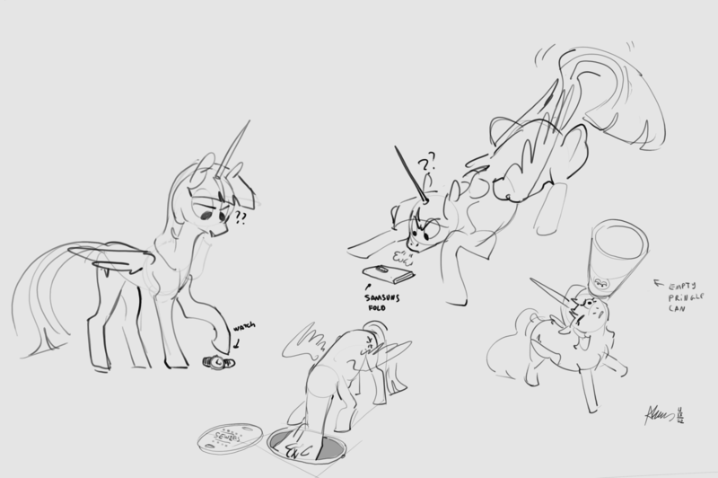 Size: 3769x2505 | Tagged: safe, artist:alumx, derpibooru import, twilight sparkle, twilight sparkle (alicorn), alicorn, pony, black and white, can, chips, confused, female, food, grayscale, image, manhole, mare, mobile phone, monochrome, phone, png, potato chips, pringles, question mark, sewer, simple background, sketch, smartphone, solo, watch, white background, wristwatch
