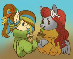 Size: 2153x1752 | Tagged: safe, artist:opalacorn, derpibooru import, oc, oc:void, pegasus, pony, beanbrows, clothes, coffee, drink, drinking, drinking straw, duo, eyebrows, female, food, freckles, hoof hold, image, jpeg, latte, mare, nose piercing, nose ring, piercing, pumpkin spice latte, sister, sweater, turtleneck