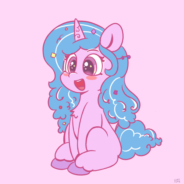 Size: 2048x2048 | Tagged: safe, artist:limitmj, derpibooru import, izzy moonbow, pony, unicorn, blush sticker, blushing, cute, female, g5, high res, image, izzybetes, mare, open mouth, open smile, pink background, png, simple background, sitting, smiling, solo, starry eyes, wingding eyes