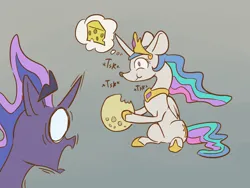 Size: 1024x768 | Tagged: safe, artist:exedrus, derpibooru import, princess celestia, princess luna, alicorn, mouse, pony, :t, cheese, chewing, derpibooru exclusive, eating, female, food, gray background, image, jewelry, mare, moon, png, regalia, shocked, shocked expression, simple background, sitting, species swap, tangible heavenly object, thought bubble, wide eyes