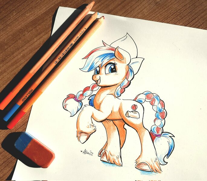 Size: 2048x1793 | Tagged: safe, artist:avui, oc, oc:ember (hwcon), ponified, unofficial characters only, earth pony, pony, color pencil, dutch cap, eraser, hat, hearth's warming con, image, jpeg, mascot, nation ponies, netherlands, raised hoof, raised leg, solo, traditional art