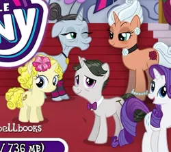 Size: 430x381 | Tagged: safe, derpibooru import, rarity, unnamed character, unnamed pony, pony, black mane, blue eyes, blue eyeshadow, bowtie, bracelet, brown mane, brown tail, choker, clothes, ear piercing, earring, eyeshadow, female, filly, foal, game screencap, gameloft, gray coat, green eyes, image, jewelry, jpeg, leg warmers, makeup, necklace, orange coat, piercing, pink eyes, purple mane, purple tail, tail, white coat, white mane, white tail, yellow mane, yellow tail