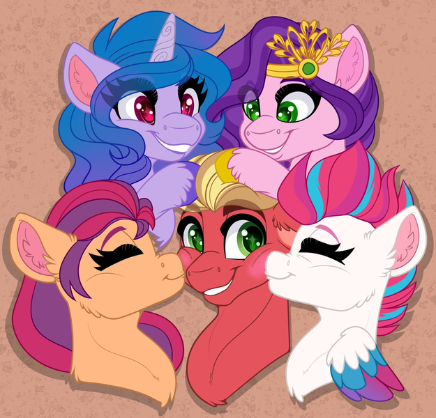 Size: 2048x1967 | Tagged: safe, artist:missbramblemele, derpibooru import, izzy moonbow, pipp petals, sprout cloverleaf, sunny starscout, zipp storm, earth pony, pegasus, pony, unicorn, g5, my little pony: a new generation, best friends, blushing, brown background, bust, colored wings, crown, cute, eye clipping through hair, eyebrows, eyebrows visible through hair, eyes closed, female, folded wings, grin, group, image, izzysprout, jewelry, kiss on the cheek, kissing, male, mare, multicolored wings, petting, pippsprout, png, quintet, regalia, shipping, siblings, simple background, sisters, smiling, sproutbetes, stallion, straight, sunnysprout, wings, zippsprout