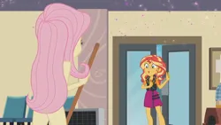 Size: 1920x1080 | Tagged: suggestive, derpibooru import, edit, edited screencap, screencap, fluttershy, sunset shimmer, equestria girls, equestria girls series, so much more to me, broom, clothes, female, geode of empathy, image, implied vaginal secretions, jacket, leather, leather jacket, magical geodes, nude edit, nudity, png, skirt, standing, strategically covered