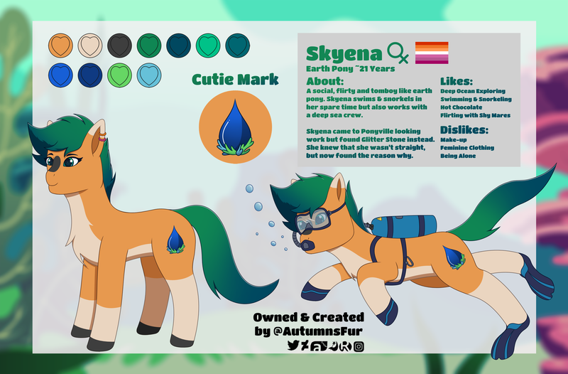 Size: 2691x1769 | Tagged: safe, artist:autumnsfur, derpibooru import, oc, oc:skyena, unofficial characters only, earth pony, pony, blue eyes, blue hair, blue mane, blurry background, bubble, chest fluff, cutie mark, dive mask, ear piercing, earring, earth pony oc, female, flippers, g4, goggles, green eyes, green hair, green mane, hooves, image, jewelry, lesbian, lesbian pride flag, logo, long tail, mare, orange coat, oxygen tank, piercing, png, pride, pride flag, reference sheet, scuba diving, scuba gear, signature, smiling, smirk, solo, swimming, tail, text, tomboy, underwater, water