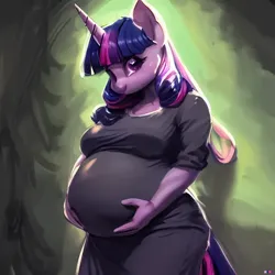 Size: 1024x1024 | Tagged: suggestive, derpibooru import, twilight sparkle, anthro, unicorn, belly, big belly, breasts, busty twilight sparkle, clothes, dress, hands on belly, image, machine learning generated, png, pregnant, smiling