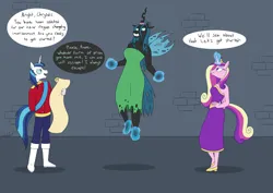 Size: 4961x3508 | Tagged: safe, artist:doublef-returns, derpibooru import, princess cadance, queen chrysalis, shining armor, alicorn, anthro, changeling, changeling queen, plantigrade anthro, unicorn, series:complimentary confinement, absurd resolution, clothes, dialogue, dress, dungeon, female, floating, glow, glowing horn, hand on hip, horn, horn ring, image, jewelry, magic, magic aura, png, ring, scroll, speech bubble, telekinesis, this will end in weight gain, uniform, weight gain sequence